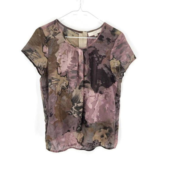Loft Womens Blouse Multicolor Floral Short Sleeve Scoop Neck M - Picture 1 of 3
